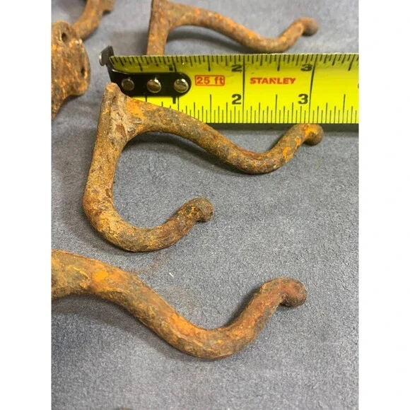 6 Antique Vintage Rustic Cast Wrought Iron Wall COAT HOOKS Hardware 3" RUSTY - Picture 5 of 11